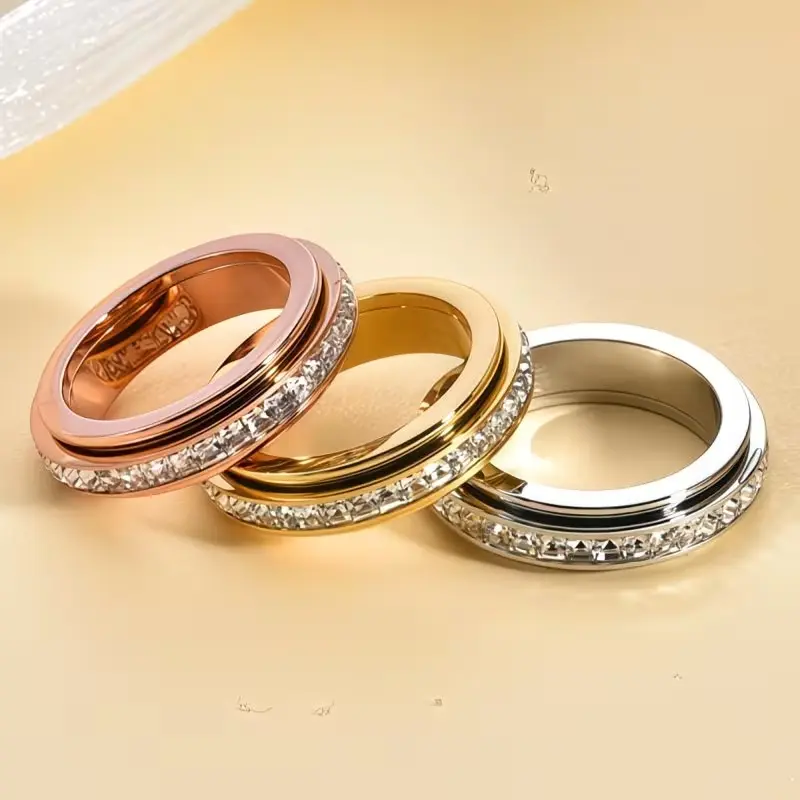 3 Pack Size 8 Rotatable Spinner Anxiety Rings, Gold Silver Rose Gold Plated Full Pave Cubic Zirconia Fidget Band Rings, Stress Relief Worry Statement Jewelry, Wedding Promise Lucky Rings Gift Set for Women