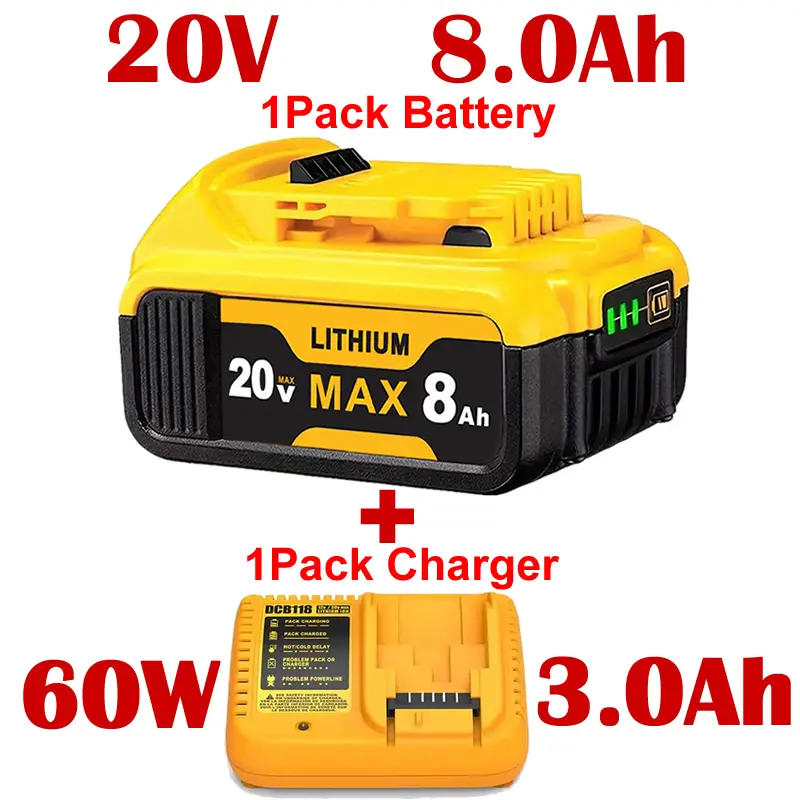 DeWalt 20V Replacement Lithium Combo Kit (1 Pack 8000mAh 160Wh + 1 Charger), High-Power Fast-Charging DCB200 with 3-LED Fuel Gauge System, Portable Power Tool Accessory for Household Use