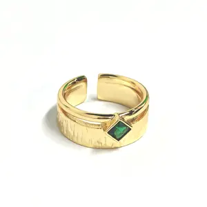 【#602】RTT Fashion Gold Plated Copper Hammered Ring – Adjustable Open Band with Green CZ Diamond Accent
