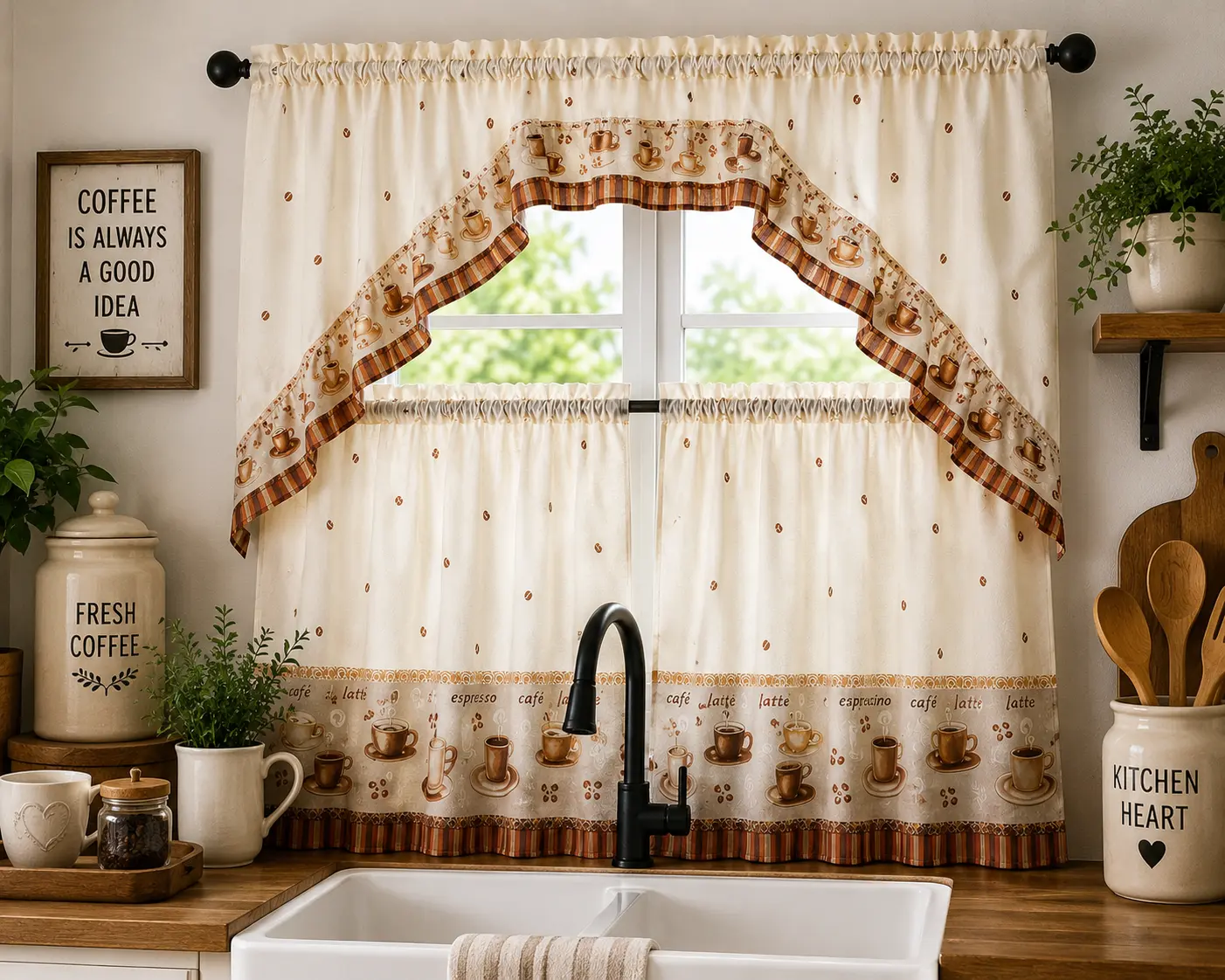 Embroidered Coffee-Themed Kitchen Heart Scalloped Valance Curtains, Brown Trim, Kitchen Accessories for Country Cafe & House Decor