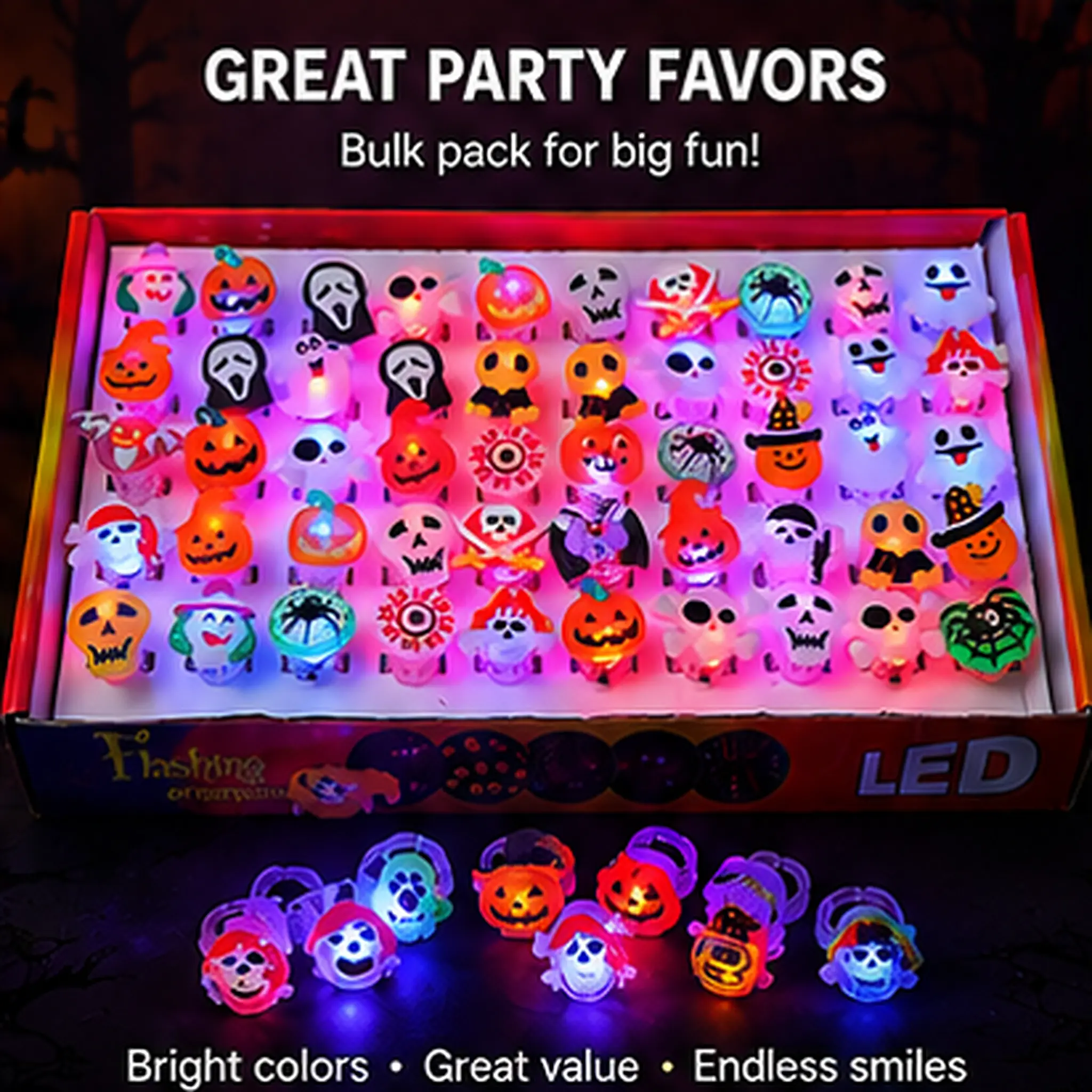 50PCS Halloween Artificial Gemstone LED Light-Up Plastic Rings - Assorted Pumpkin, Ghost, Skull, Spider Flashing Designs - Spooky Trick-or-Treat Goodie Bag Party Favors with LED Lights