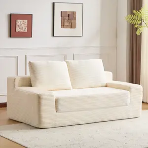 Convertible Sofa Bed, 2 in 1 Loveseat Folding Couch Bed Foldable, Chaise Lounge Chair & Floor Futon Sleeper, Corduroy Pull Out Sofa Bed with 2 Pillows for Living Room, Beige