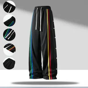 Men's Spring/Fall Black Colorblock Striped Buttoned Casual Pants with Multicolor Woven Tape Side Button Design Eye catching Streetwear Loose Straight Fit Versatile Street Style Personalized Trendy Outfit Menswear Stylish casual comfy loose fitting trouser