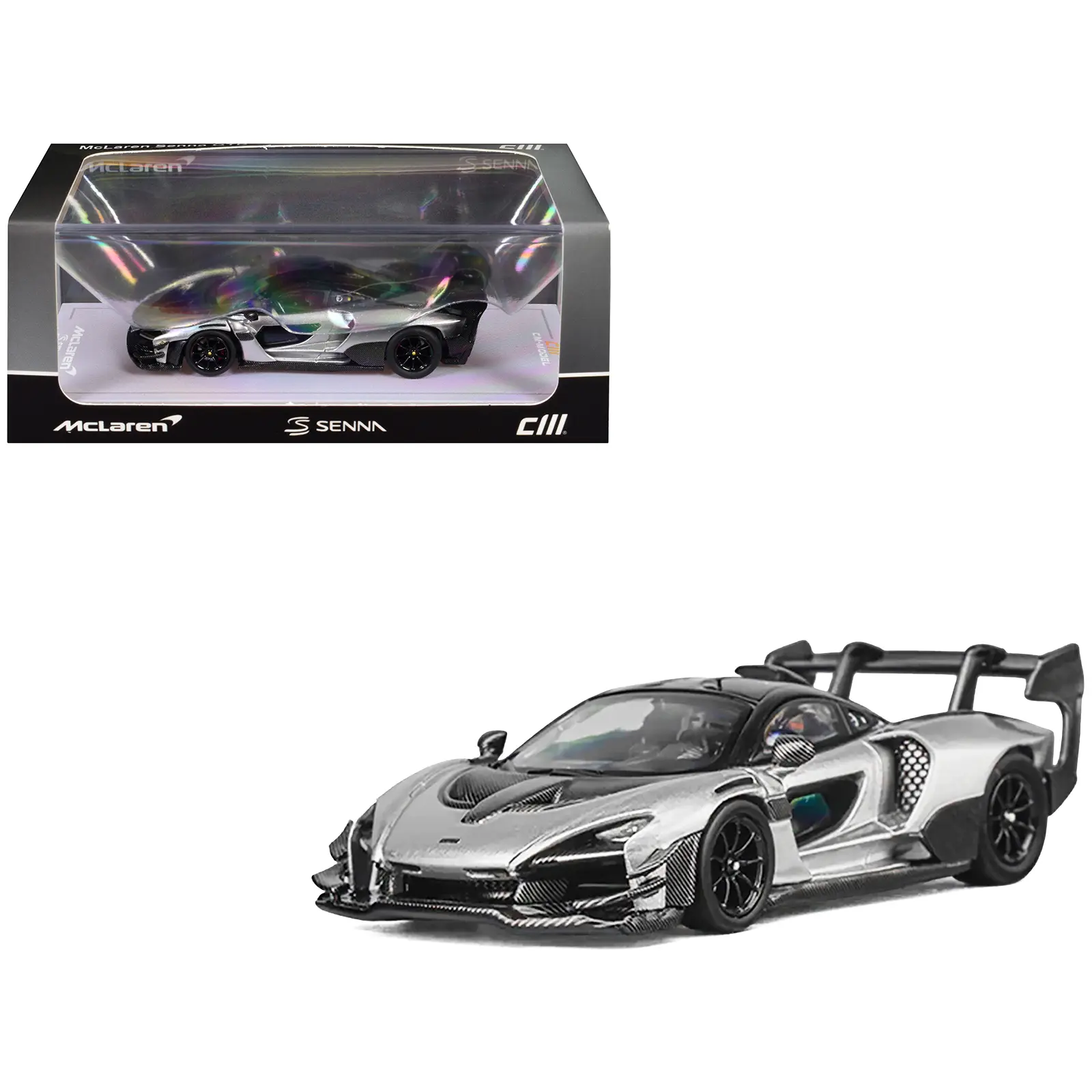 McLaren Senna GTR Silver Gray Metallic with Carbon Hood and Black Top 1/64 Diecast Model Car by CM Model