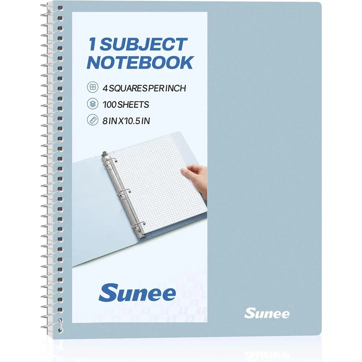Spiral Notebook, 1-Subject, Graph Ruled Paper, 8" x 10-1/2", 100 Sheets per Notebook, 3-Hole Punched Paper, Water Resistant Cover, Spiral Grid Notebooks for Work, Home, School, Grey Blue