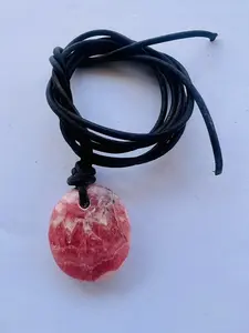 Argentina Rhodochrosite GemStone Oval Necklace On Genuine Black Leather Cord