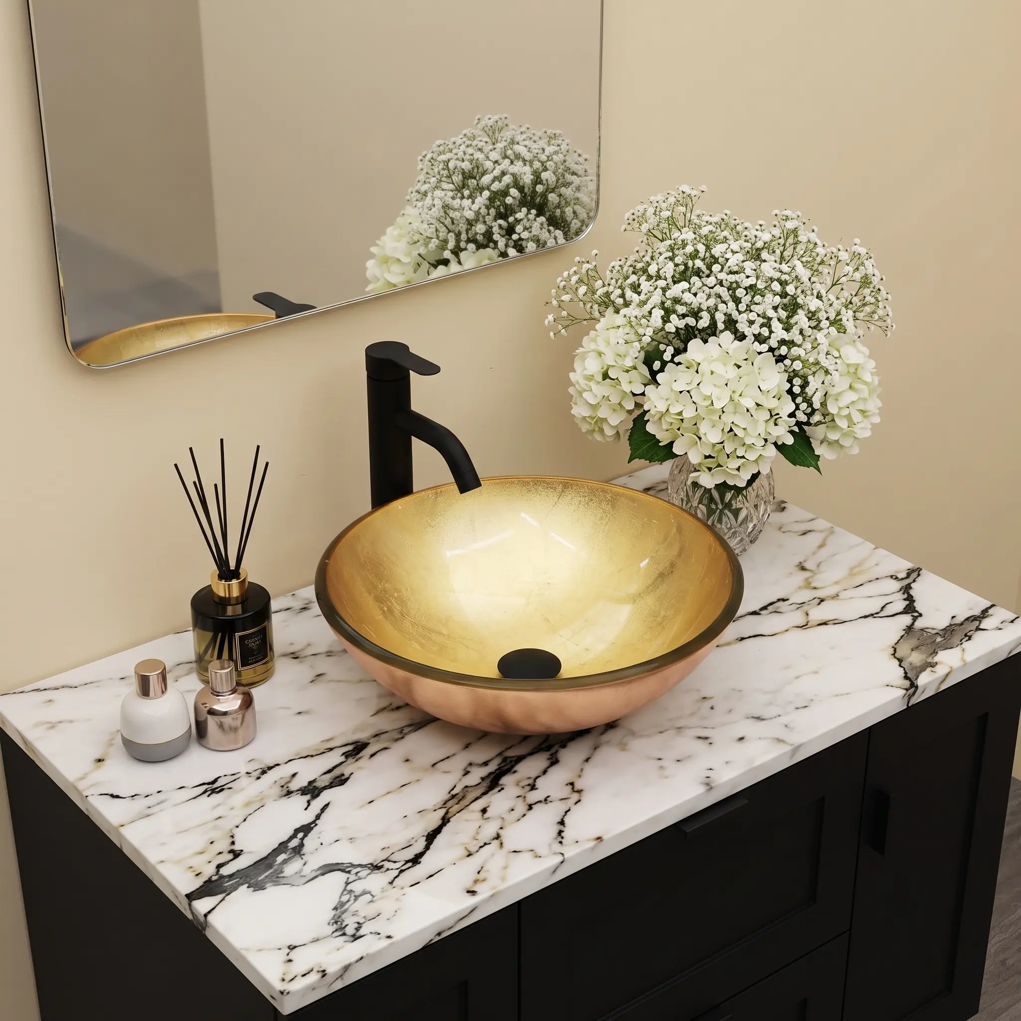 Logmey 16" Glass Bathroom Vessel Sink Vanity Countertop Round Bowl with Black Faucet and Chrome Pop up Drain Set,Glass Art Basin,Light Golden Amber,Home Improvement Finds,bathroom makeover