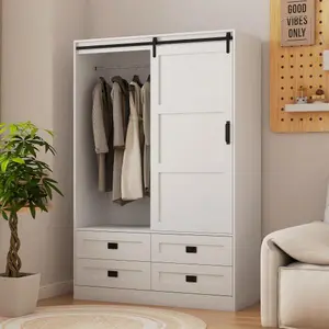 Bellemave  Tall Bedroom Armoire Wardrobe Closet Clothing Storage Cabinet with Hanging Rod Barn Door Drawers Open Shelves