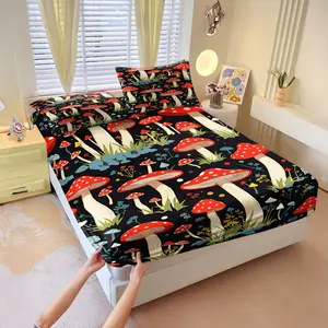 Red Mushroom Forest Fitted Sheet Set,Cottagecore Botanical Print Bed Sheet Set,Includes 1 Fitted Sheet & 2 Pillowcases,Deep Pocket Non-Slip Design,Soft Breathable,for Bedroom Dorm Guest Room,Perfect Gift for Mushroom & Nature Lovers