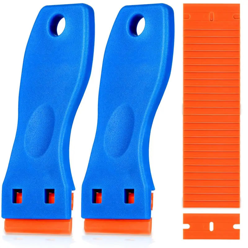 Plastic Razor Blade Scraper Tool Kit (2 Scrapers, 100 Plastic Blades) - No Scratches Cleaning Tool for Adults, Removes Adhesive, Sticker, Paint, Caulk from Glass, Windows, Car Surfaces
