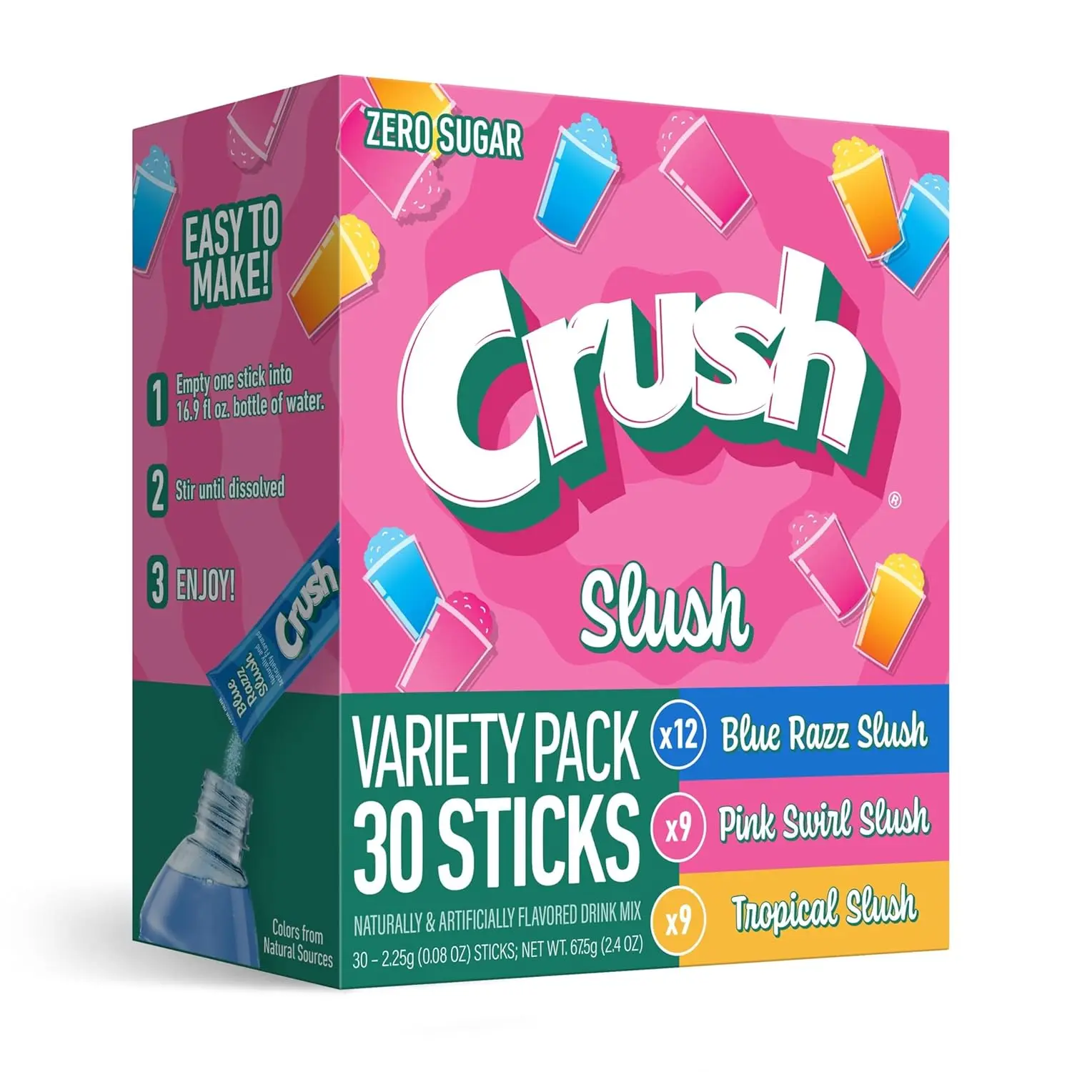 Crush Slush Zero Sugar On The Go Drink Mix Packets 30 Count | Low Calorie Powder Water Enhancer Stick Packets Variety Flavors