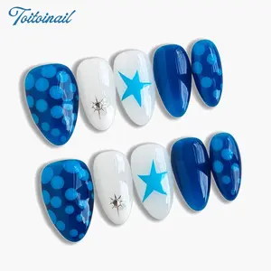 Blue Star Handmade Press-On Nails | Short Almond Shape, 10pcs Handmade | Spring Summer Trending Klein Blue & Star Rivet Polka Dots | Y2K Aesthetic & Baddie Nails | High Gloss Mirror Finish | Reusable DIY Manicure Kit | Trendy Cute Glossy False Nails
