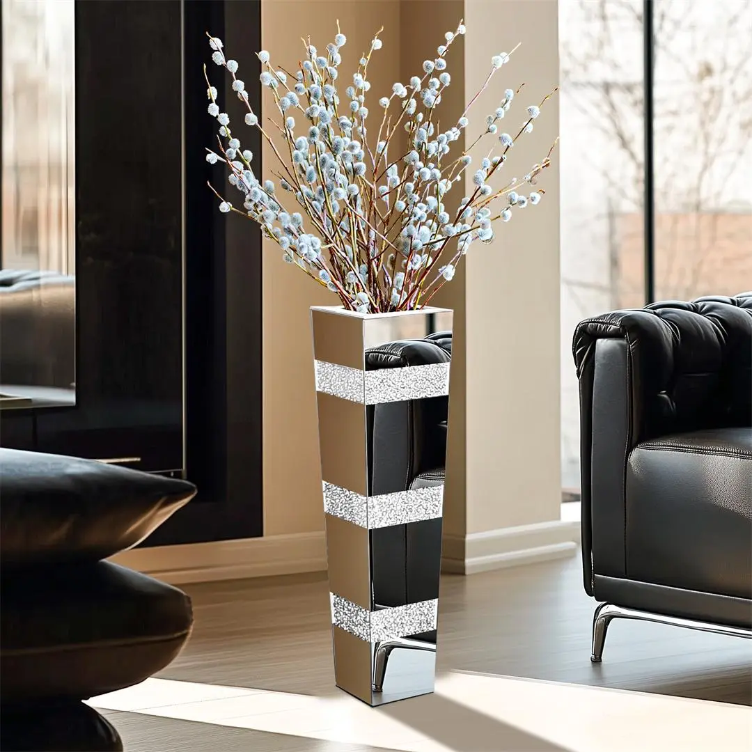 Luxury Crystal-Rich Glamorous Tall Centerpiece Glass Floor Vase - Silver Mirrored Home Decor Items, Faux Flower Compatible Floral Display Piece, Crystal-Rich Vases