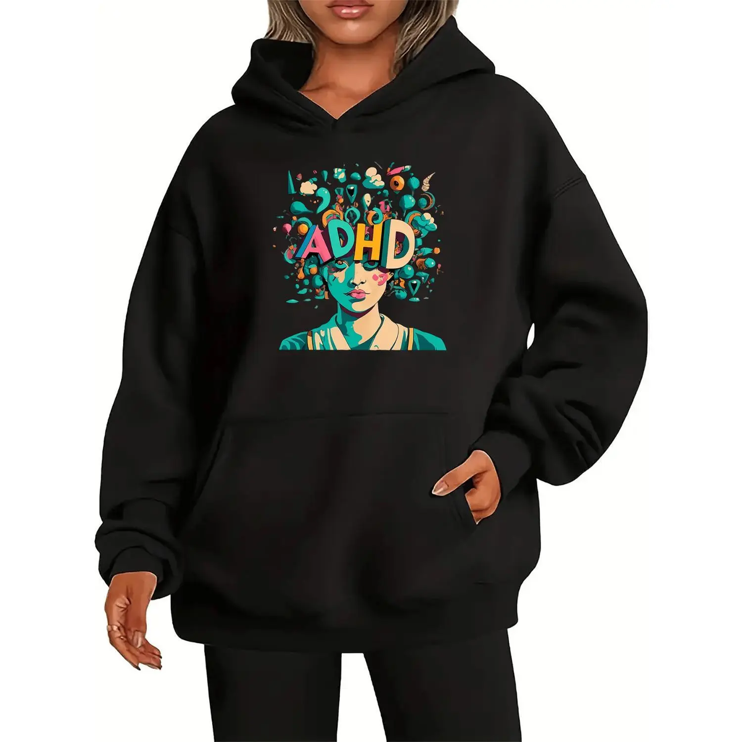 Womens Graphic ADHD Print Hoodie with Kangaroo Pocket Casual Long Sleeve Hooded Sweatshirt Made of 100 Polyester Knit Fabric with Slight Stretch All Season Pullover Hoodie with Hood