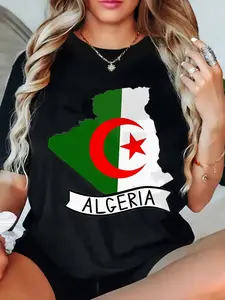 Raglan Sleeve Black Algeria Flag Map Print Casual Summer Personalized T-Shirt Unisex USA Made Breathable Cotton Minimalist Style Tops Women's Wear