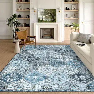 【GARVEE】Washable Area Rugs 8x10 Rug Non-Slip Large Thin Indoor Carpet, Stain Resistant and Low Pile Faux Wool Accent Oriental Carpet, Vintage Printed Rugs for Bedroom, Living Room, Gray Blue