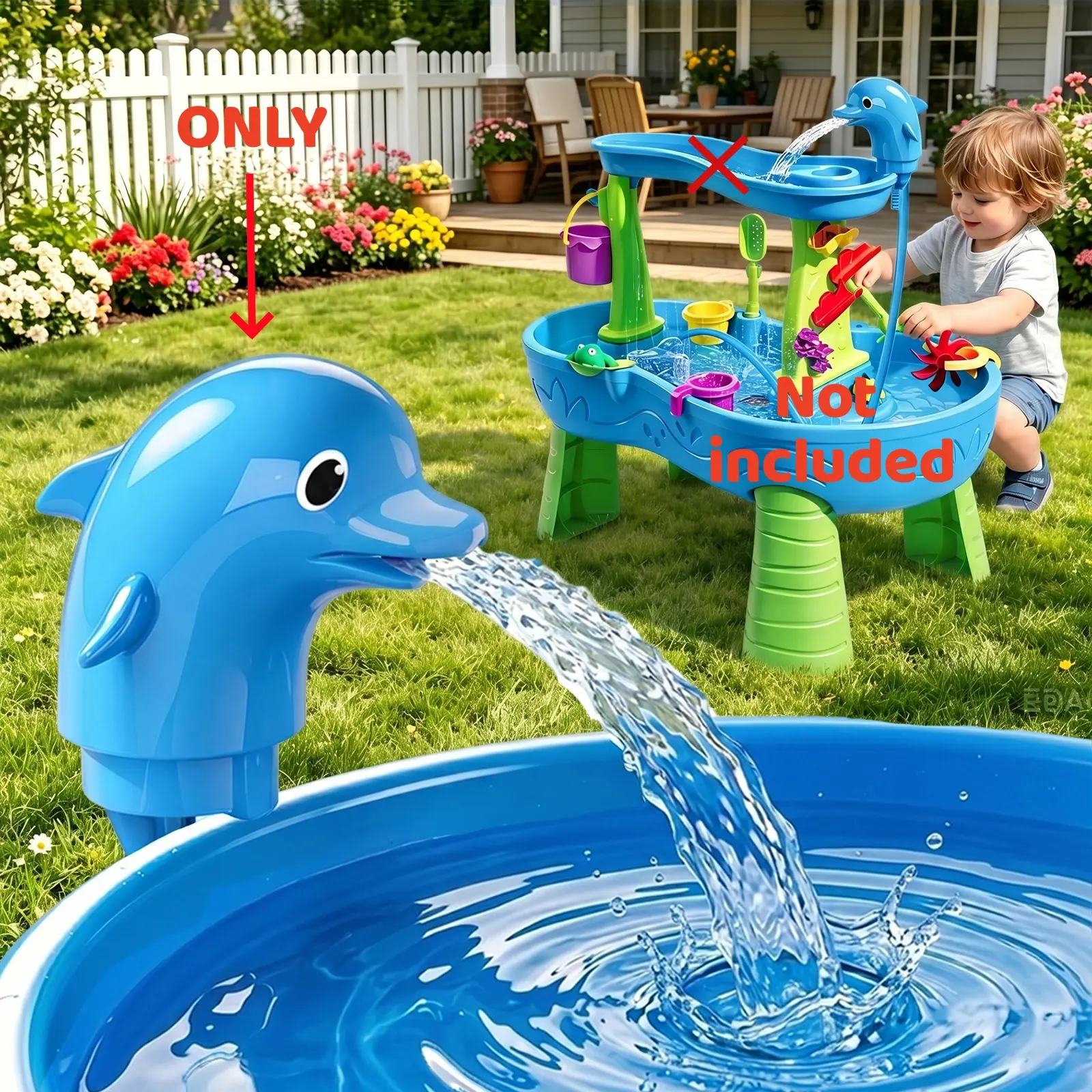 【ONLY PUMP】Pitjeck Dolphin Water Table Pump, Dolphins Cordless Rechargeable Pump for Water Tables, 3 Hours of Non-Stop Work Fun Water Fountain Play, No Drill Installatio, Water Play Table Accessories for Toddlers & Kids (Not included Table