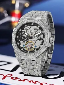 Men's Silver Color Full Diamond Hollow Mechanical Watch, High-End Business Casual Trendy Men's Wristwatch, Elegant and Stylish Design