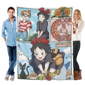 blankets,Kiki's Delivery Service Comic Strip Collage Flannel Blanket | Studio Ghibli Kiki & Jiji Cozy Throw for Anime Fans cooling