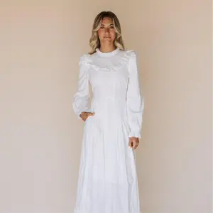 The Nauvoo | Long Sleeve Ruffled LDS Temple Dress with Waist Tie & Pockets