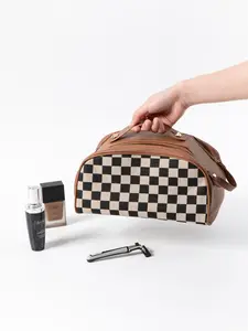 Large Checkerboard Makeup Bag, Travel Essential, Double Zipper, Roomy Design, Perfect for On-The-Go Beauty Needs, Durable and Stylish