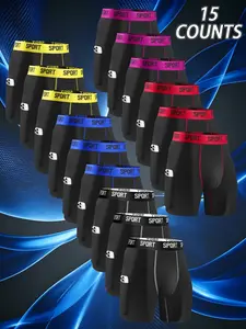 15 pcs men's self-cultivation long style Boxer underwear, Sportswear, Soft fabric, elastic waistband, There is a pocket on the right side for easy carrying, Suitable for fitness and exercise, Fashionable design, suitable for daily home casual wear.