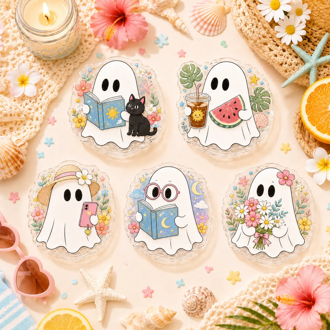 Summer Ghost Acrylic Phone Grip Cute Beach Holiday Phone Stand Holder Watermelon Flower Pastel Cellphone Accessories