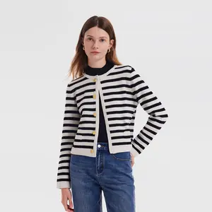NEW GOELIA Button Up Woolen Striped Lady Cardigan Tops Fit