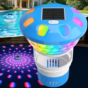 Solar Pool Chlorine Floater with Colorful Lights, 3 Inch Chlorine Tabs Floater with Adjustable Flow, Button Control Floating Chlorine Dispenser for Pools and Hot Tubs, Light Blue