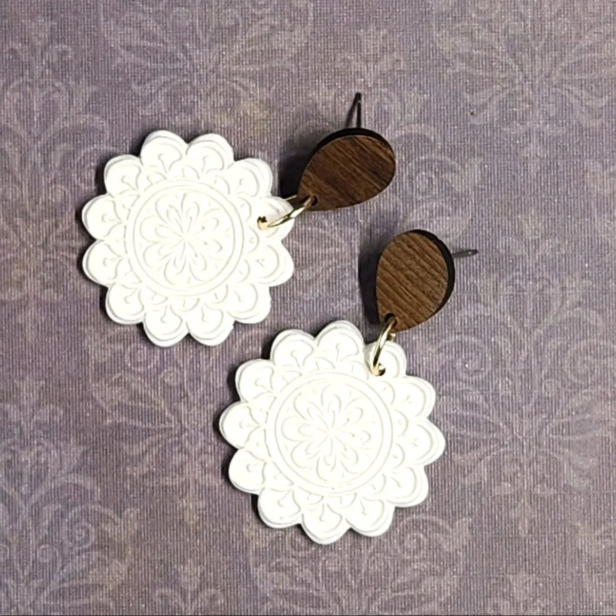 Handmade Polymer Clay Mandala Dangle Earrings - White