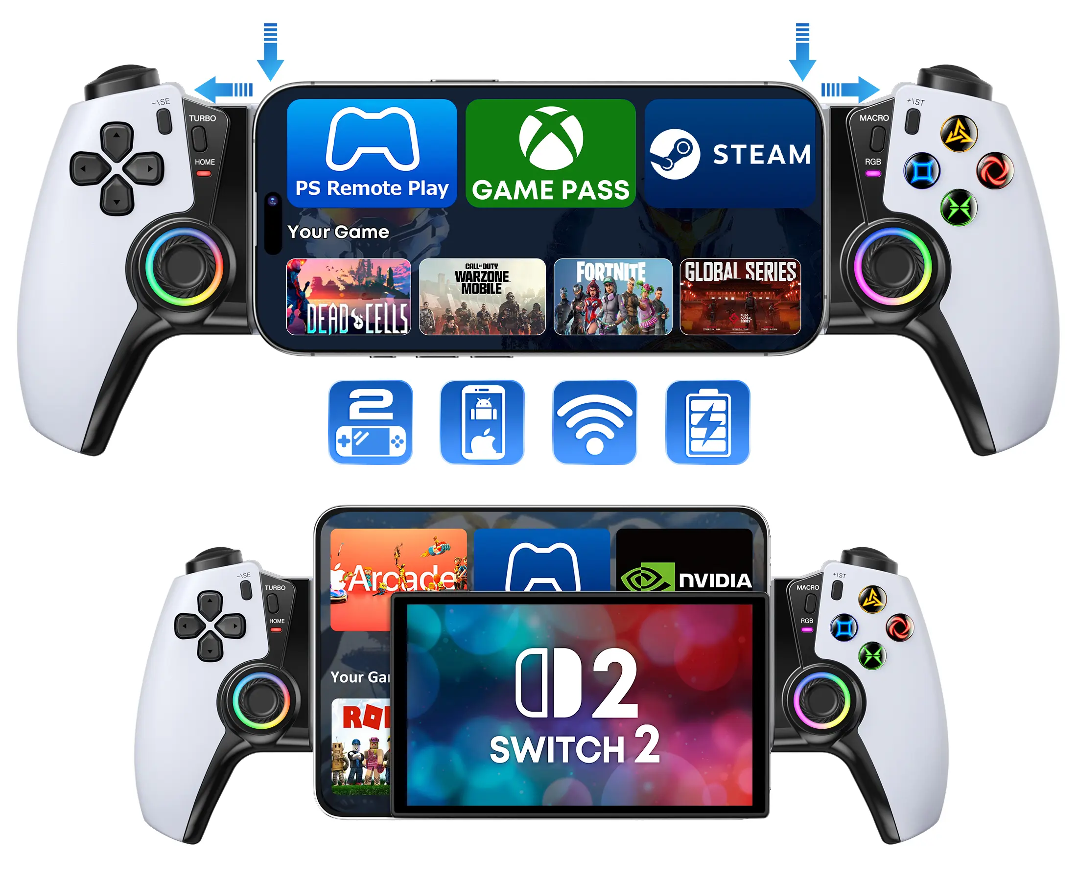 Bluetooth Telescopic Mobile Gaming Controller with Hall Effect Joysticks, RGB Lighting, Custom Programmable Back Buttons – Smartphone Handheld Game Accessory for iPhone, Android, iPad Mini, PS Remote Play, Xbox Cloud Gaming, Steam Deck