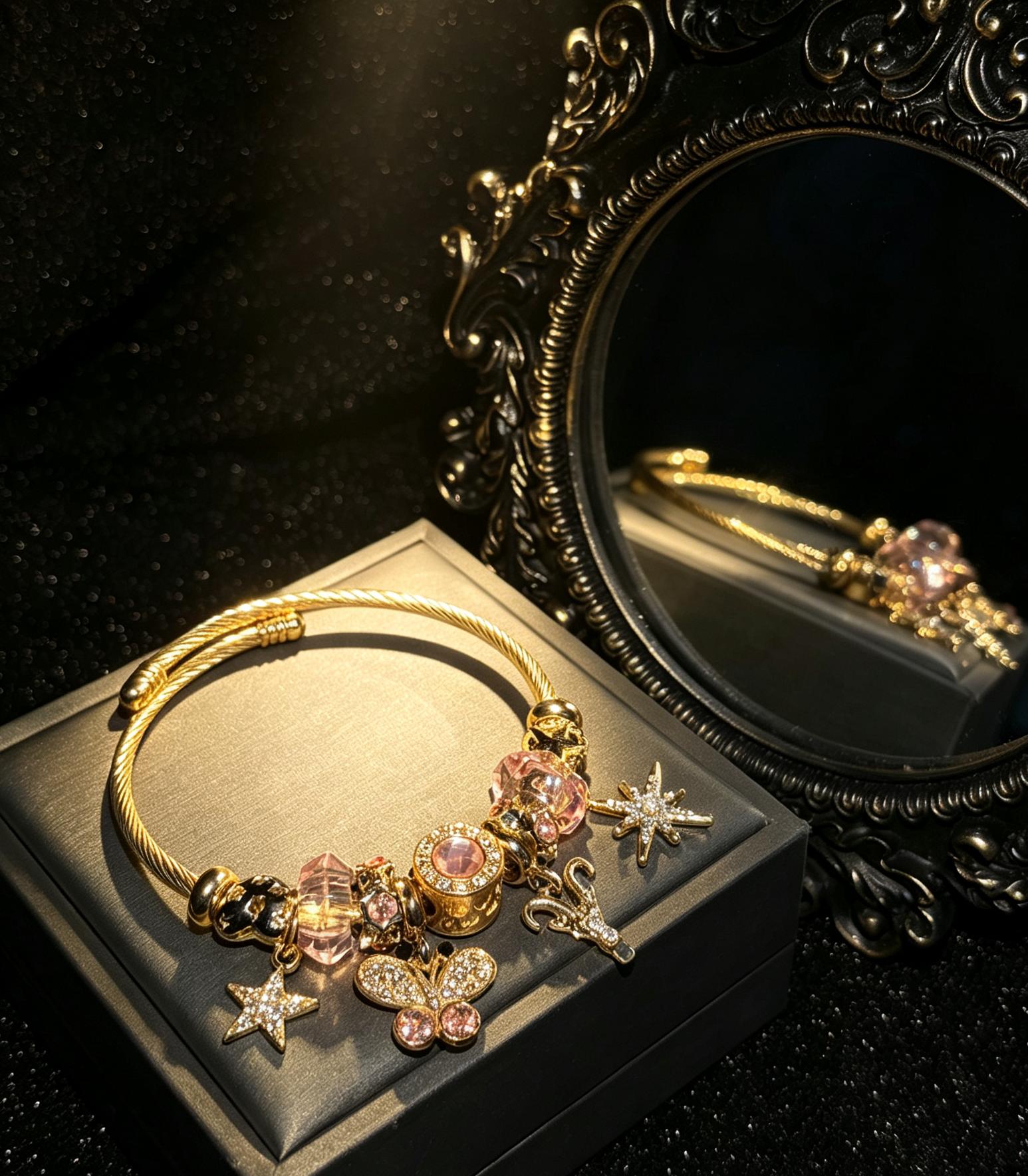 Sparkling Pink Crystal Butterfly Star Dangle Charm Bangle Bracelet, Gold Tone Open Cuff Wire Bangle Fashion Jewelry Gift for Women