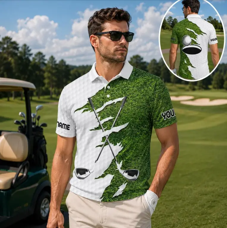 Personalized Golf Polo Shirt Custom Name Golf Shirt Golf Course Polo Gift for Golfers Green Grass Pattern Golf Apparel