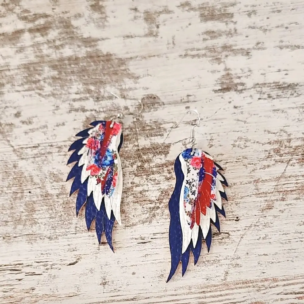 Floral Red White & Blue Handmade Angel Wing earrings