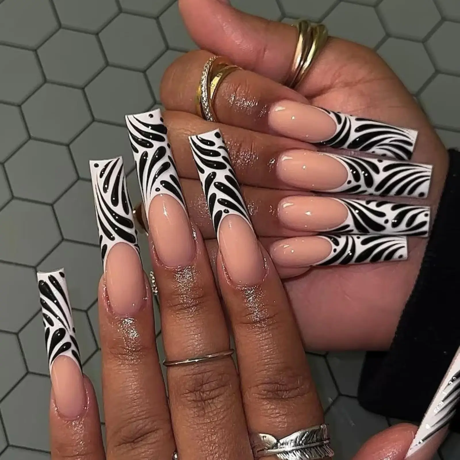 Black & White Zebra French Tip Press-On Nails | Long Square Acrylic Nail Design | Modern Abstract Nail Art