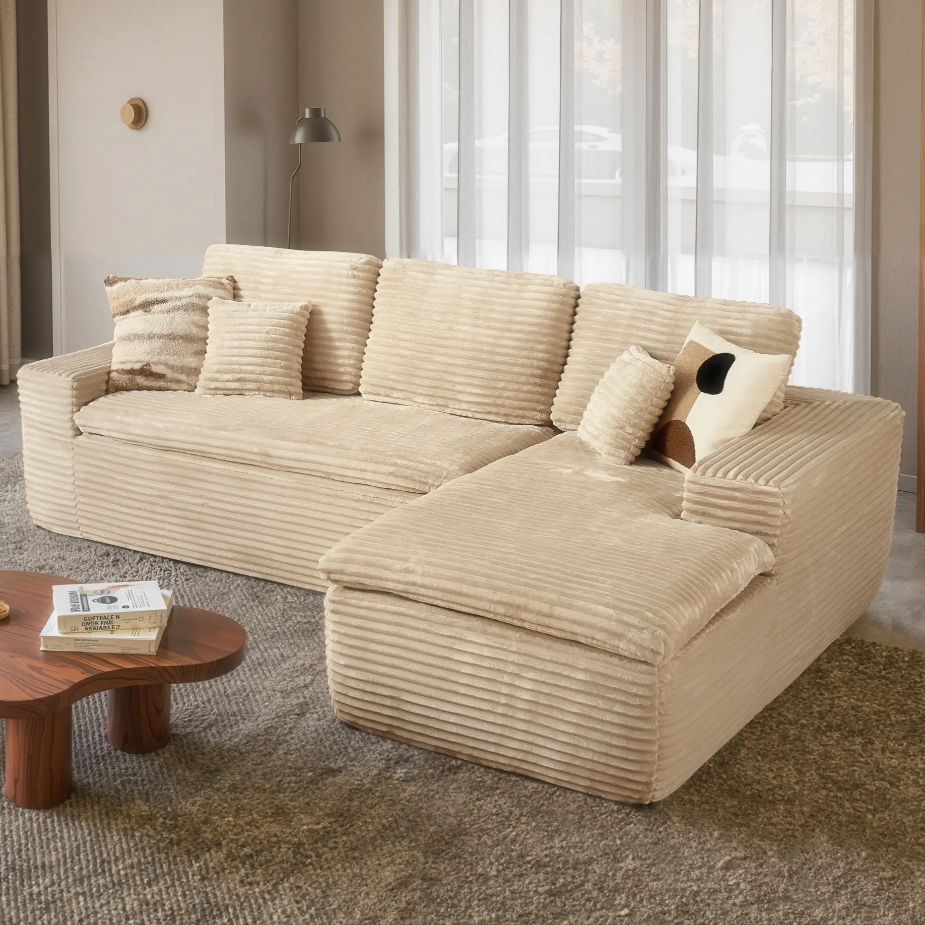 Beige Plush Corduroy Right Chaise