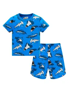 Boys' Shark Sleepwear Set, Ocean Cartoon Print Pajamas, Comfortable Short Sleeve Shorts, Casual Home Wear for Boys
