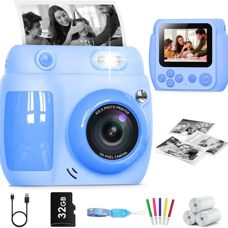 [Halloween Gifts]Gofunly Kids Camera Instant Print 48MP 1080P HD Video Toys Camera for Kids 3-12 with 3 Rolls Print Paper & 32GB Card Birthday Gifts for Girls Boys summerwins, Photobooth, Digital Cameras, Print Function,familyfun