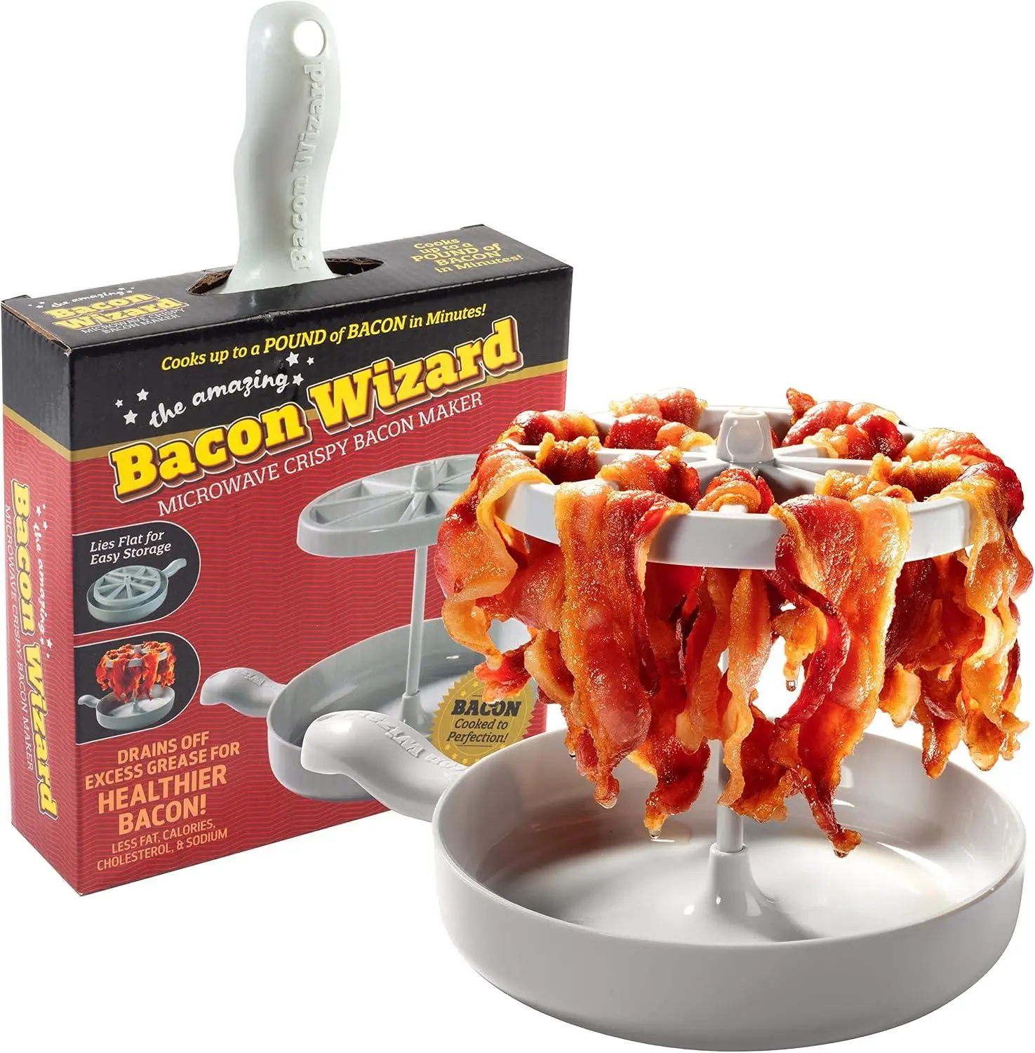 Bacon Wizard Microwave Bacon Cooker – Cooks up to 1Lb of Strips at Once – Crispy & Evenly Cooked in Minutes – Grease Draining Tray Reduces Fat by 40% & Makes Cleanup Easy – Microwave & Dishwasher Safe SCS Direct