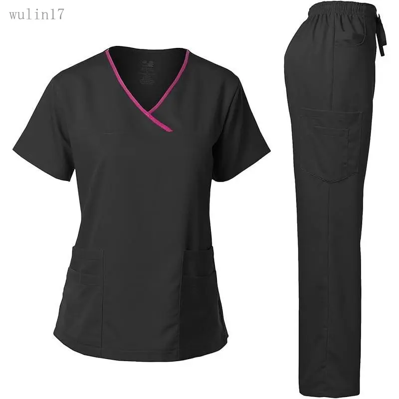 Women's 2026 Basic Minimalist Black Medical Scrub Set, Stretch Fabric with Contrast Binding, Scrubs Sets for Women Workwear Uniforms, Medical Scrub Sets