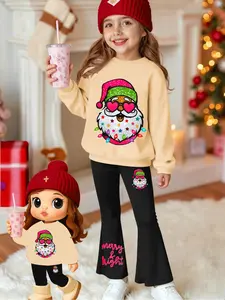 【Two-piece set】Girls' Christmas-themed set, featuring glitter heart glasses, a Santa Claus crewneck sweatshirt + girls' flared pants "merry & bright" Christmas two-piece set, Fashion Clothes Set. Hat not included.