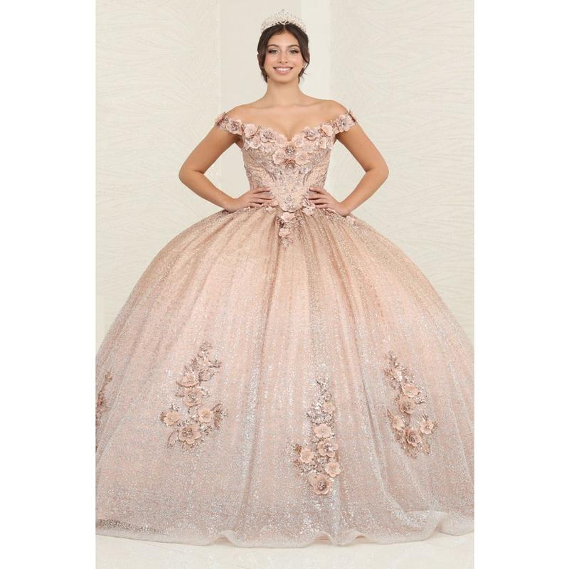 Layla K LK255 Champagne Off-Shoulder Quince Gown with Detachable Tail