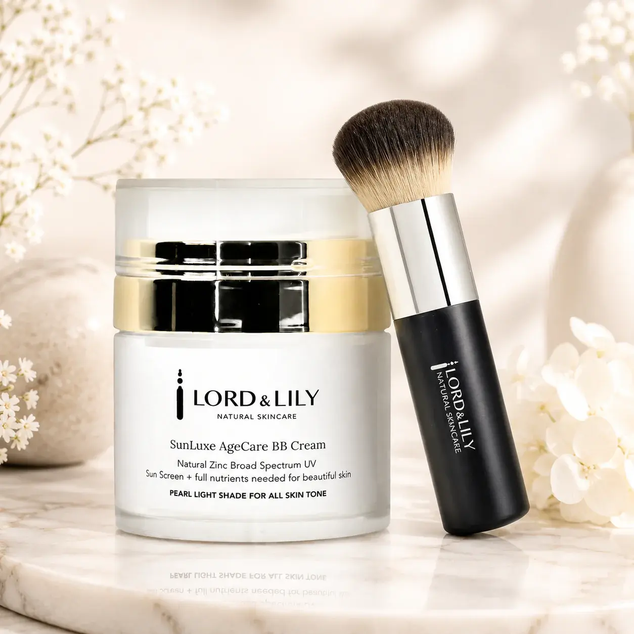 SunLuxe AgeCare BB Cream with Jojoba Oil, Zinc Oxide, Camellia Oil, Panthenol, Calendula Extract, Flawless Finish, UV Protection, and Luxurious Makeup Application Brush