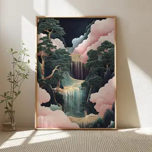 [SALE UP TO 50] - FREE SHIP - Hokusai Ukiyo-e Japanese Waterfall Wall Art Landscape Poster Print Blue Green Pink Japanese Home Decor Printable Poster