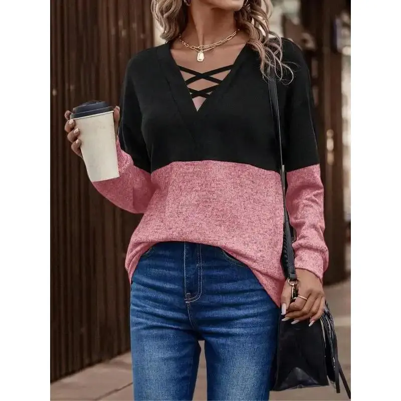 Two-Tone Cross Front Drop Shoulder Pullover Sweater, Fashion Long Sleeve Casual Top for Spring & Fall, Trendy Women's Clothing