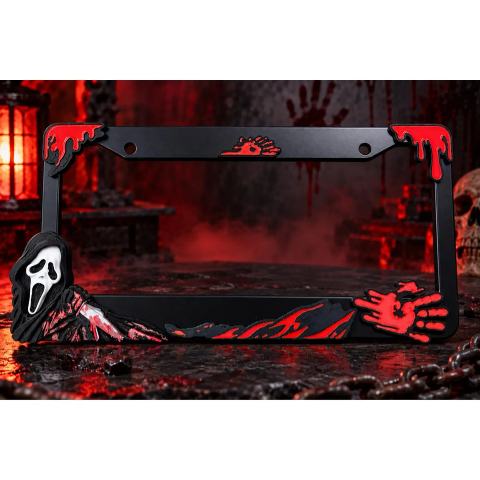 Ghost Face License Plate 3D Printed Over Metal Frame with 4K Auto Primer, Heat and Water Resistant Design