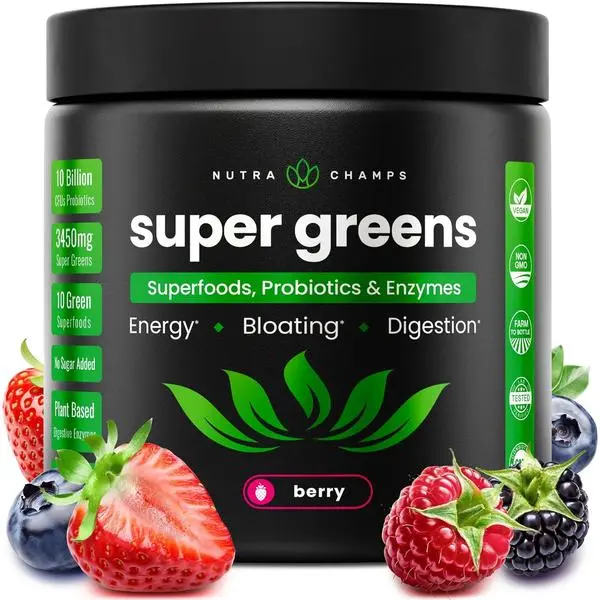 Super Greens Powder – 40+ Organic Superfoods with Probiotics, Enzymes & Prebiotic Fiber – Supports Energy, Digestion, Gut Health & Bloating Relief – Organic Fruit & Veggie Green Juice Smoothie Mix