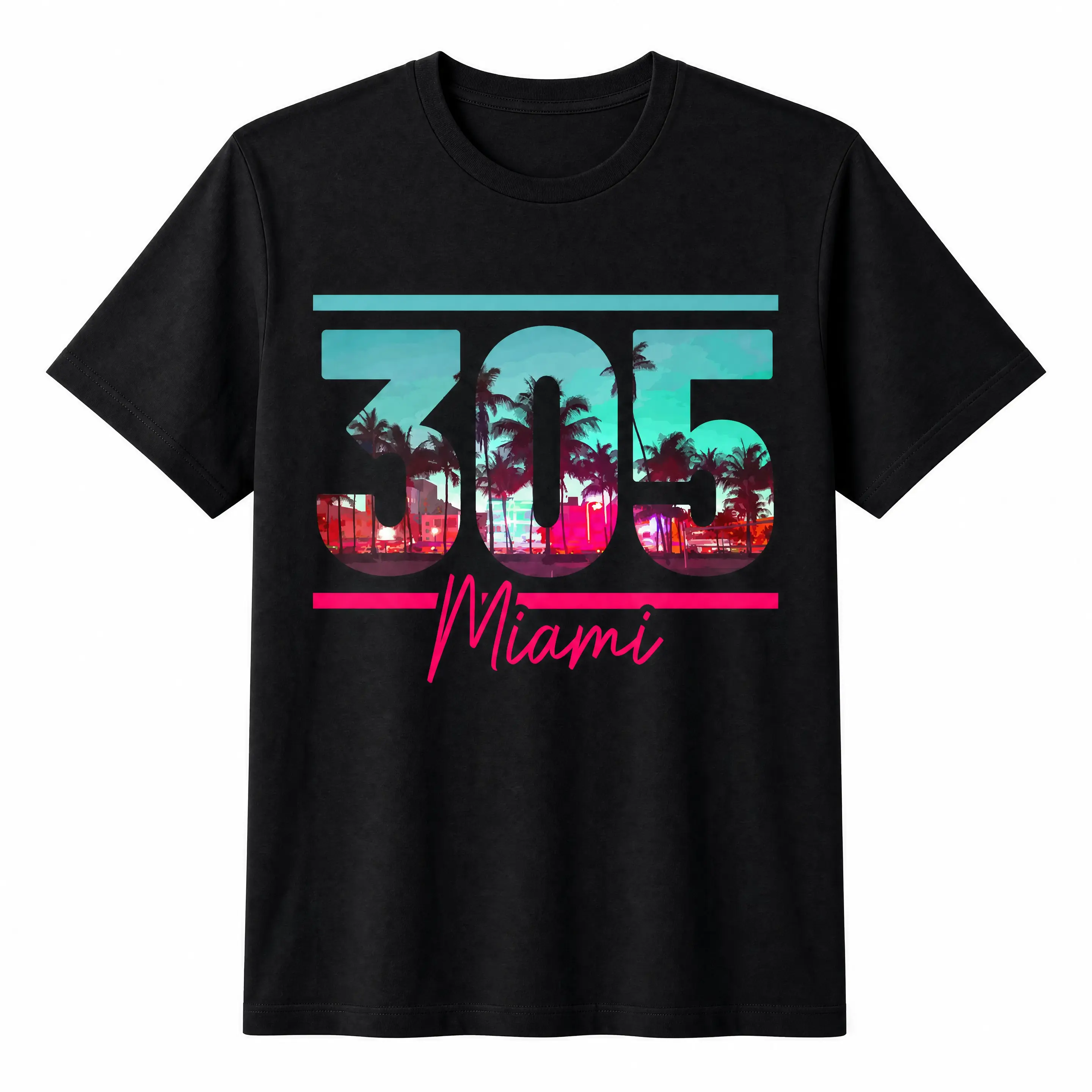 Miami 305 Graphic T-Shirt, Retro Palm Tree Florida City Tee, Tropical Miami Black Short Sleeve Casual Shirt