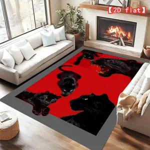 2D flat large best-selling velvet carpet Animal Printed Rug black panther collection, red background, living room, bedroom, foyer art decoration style, creative home carpet