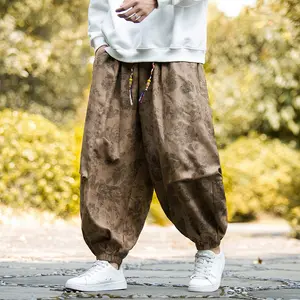 Men's Autumn Trendy Functional Workwear Jacquard Corduroy Large Pocket Cargo Pants with Elastic Ankles, Loose Wide-Leg Lantern Pants, Draped Harem Pants, Soft Comfortable Fabric, Men's Bottoms